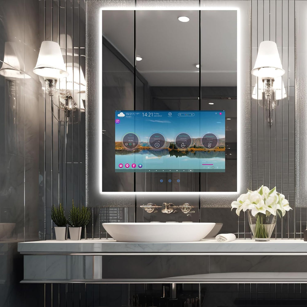 Haocrown 32x24 inch Smart Vanity Mirror  Built in 21.5 inch Touchscreen TV with  Side-illuminated LED Lights , Dimmable Switch 3 Colors and Demister Pad(2025 Model)