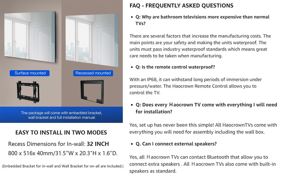 
                  
                    【2023 Latest Model】Haocrown 32" Smart Waterproof Bathroom Mirror TV (Remote control, Mirror) - HG320BM
                  
                
